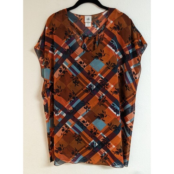 Women's Cabi # 3773 Lattice Top Plaid Floral Layered Blouse Top 2-Piece Medium - Picture 2 of 16